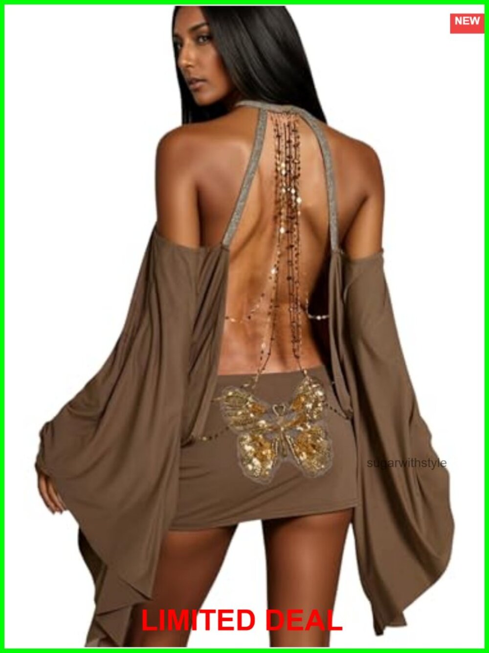 Backless Bodycon Mini Dress with Batwing Sleeves and Butterfly Chain Sequin